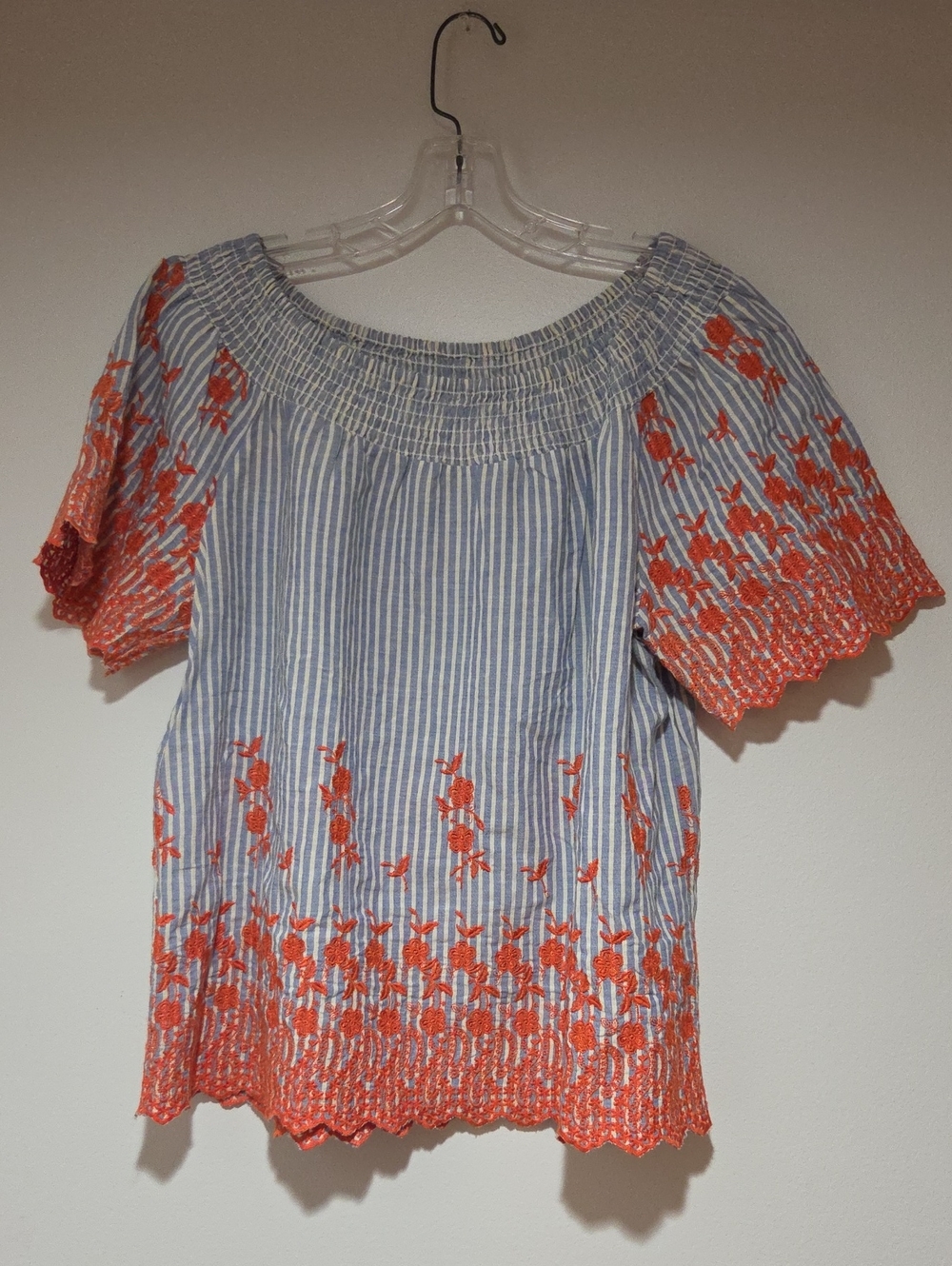 Fever Blue-White Striped Off-Shoulder Top with Orange Floral Embroidery Size L